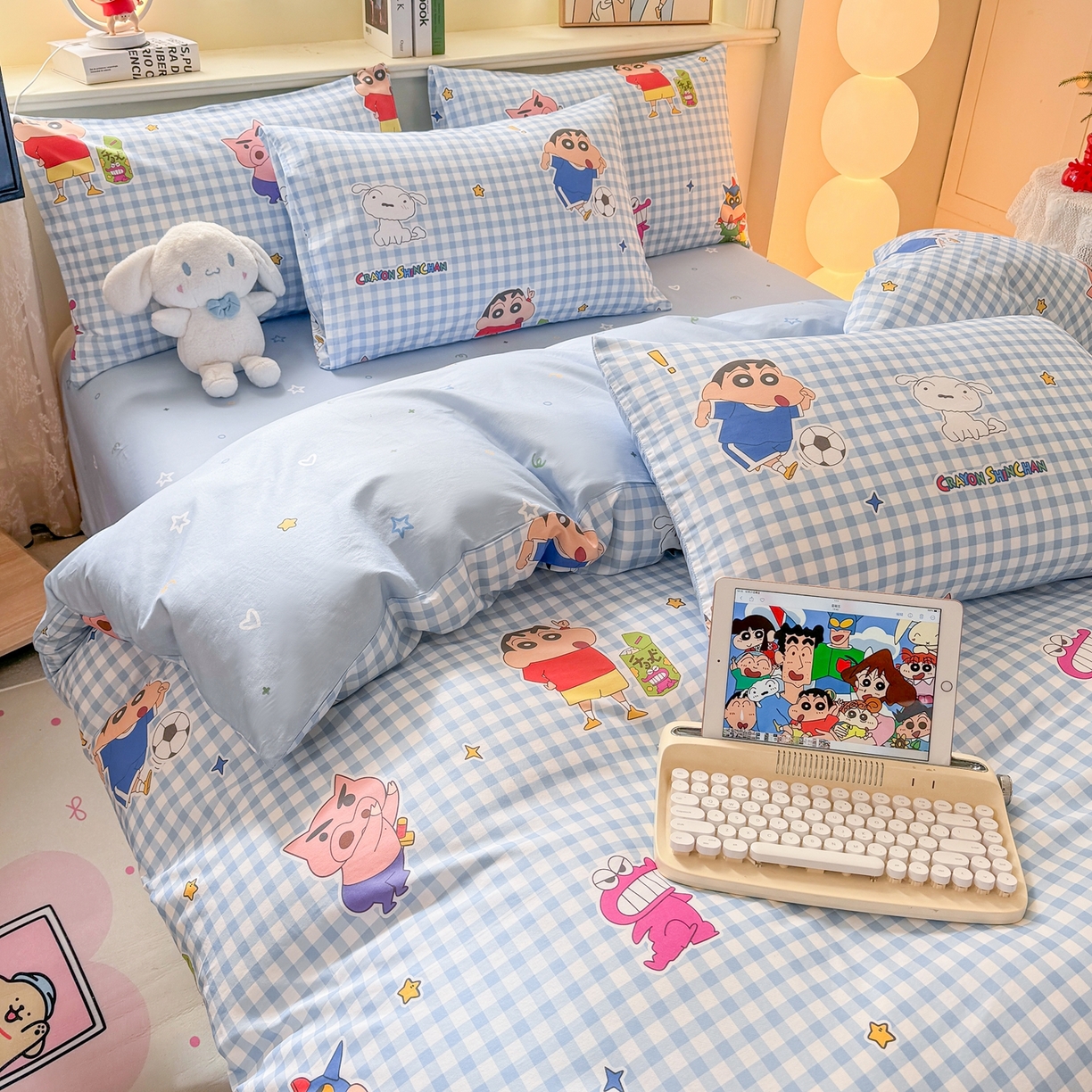 91家纺网 家纺一手货源 找家纺 博雅 2026新款蜡笔小新纯棉全棉四件套 小版-蓝格蜡笔小新