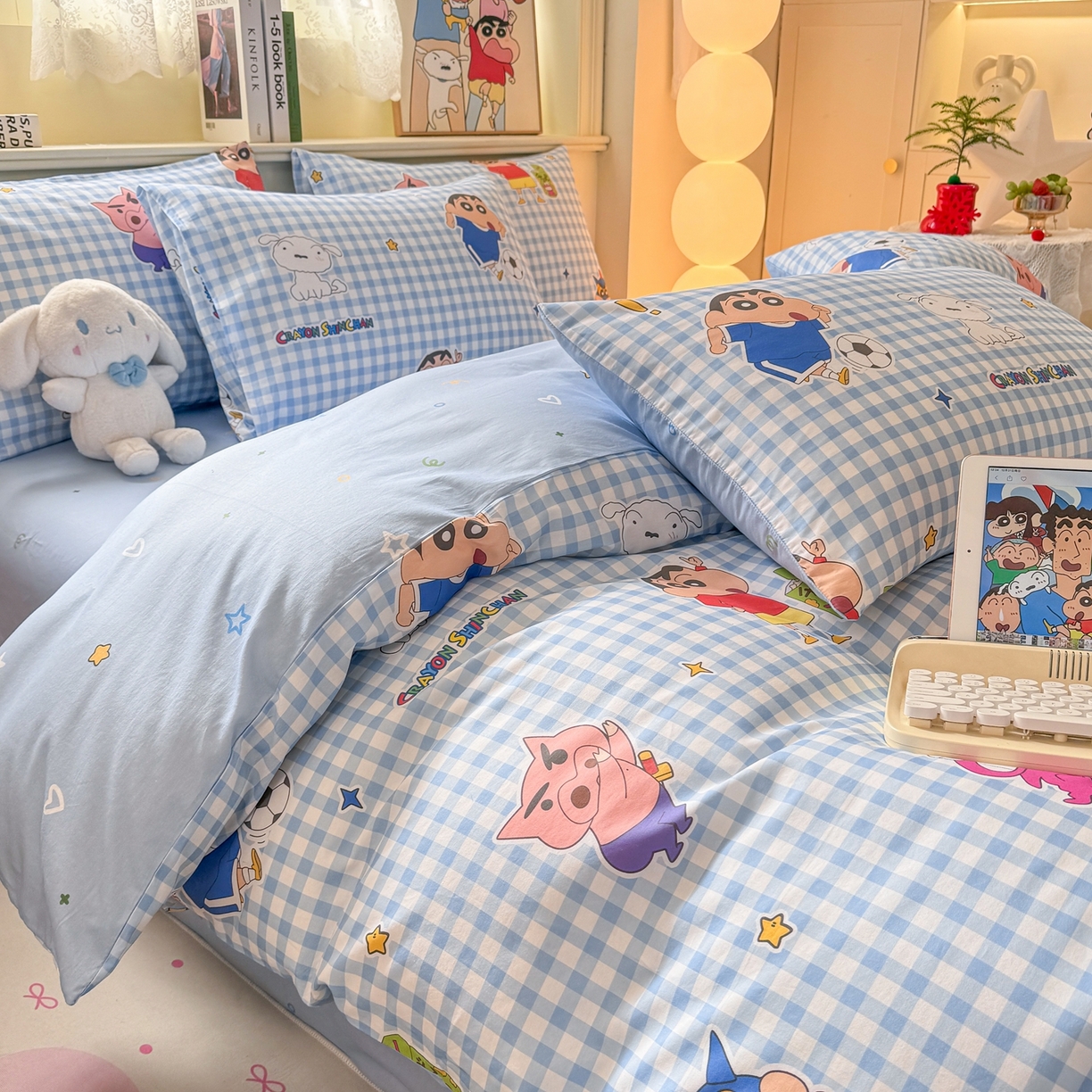 91家纺网 家纺一手货源 找家纺 博雅 2026新款蜡笔小新纯棉全棉四件套 小版-蓝格蜡笔小新