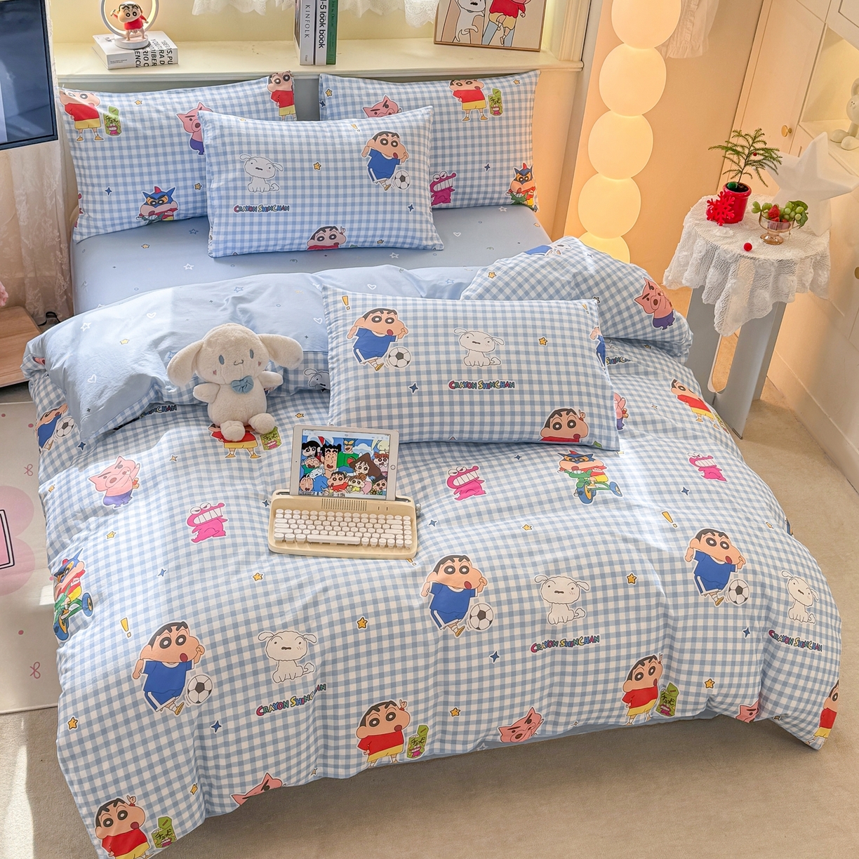 91家纺网 家纺一手货源 找家纺 博雅 2026新款蜡笔小新纯棉全棉四件套 小版-蓝格蜡笔小新