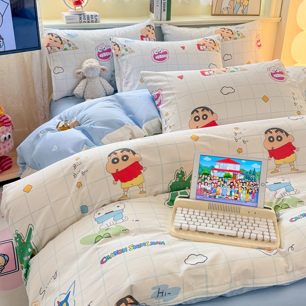 91家纺网 家纺一手货源 找家纺 博雅 2026新款蜡笔小新纯棉全棉四件套 小版-小新格子屋