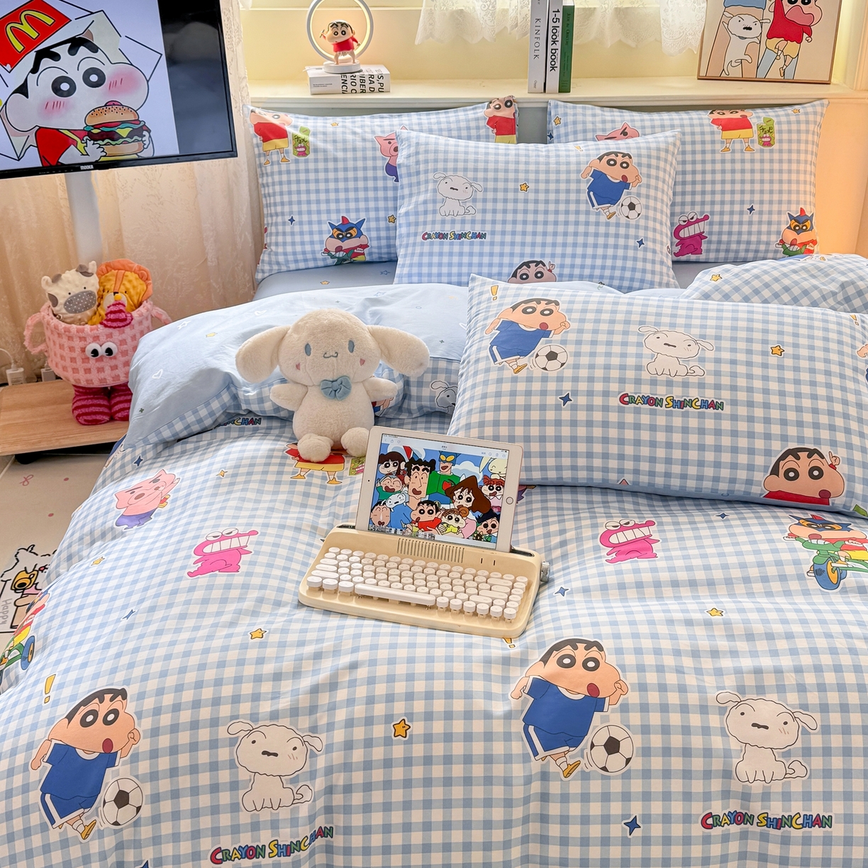 91家纺网 家纺一手货源 找家纺 博雅 2026新款蜡笔小新纯棉全棉四件套 小版-蓝格蜡笔小新