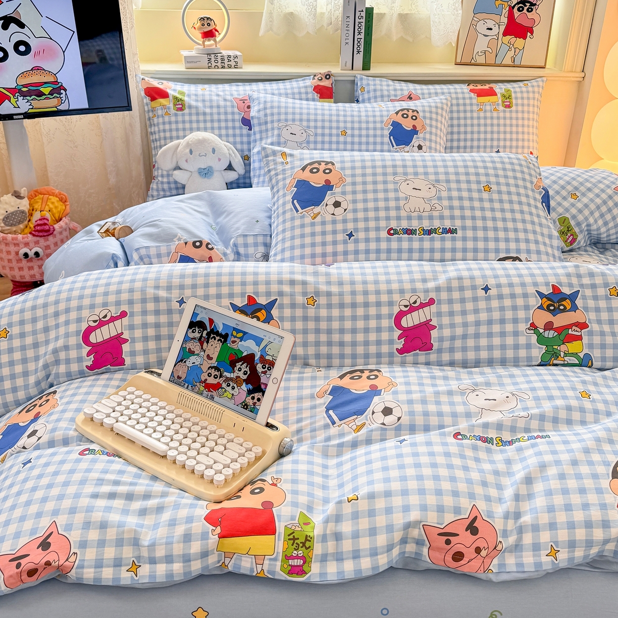 91家纺网 家纺一手货源 找家纺 博雅 2026新款蜡笔小新纯棉全棉四件套 小版-蓝格蜡笔小新