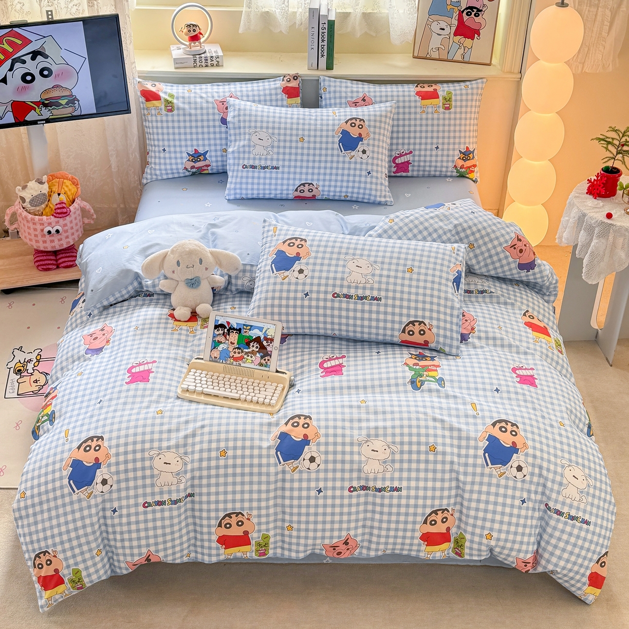 博雅 2026新款蜡笔小新纯棉全棉四件套 小版-蓝格蜡笔小新