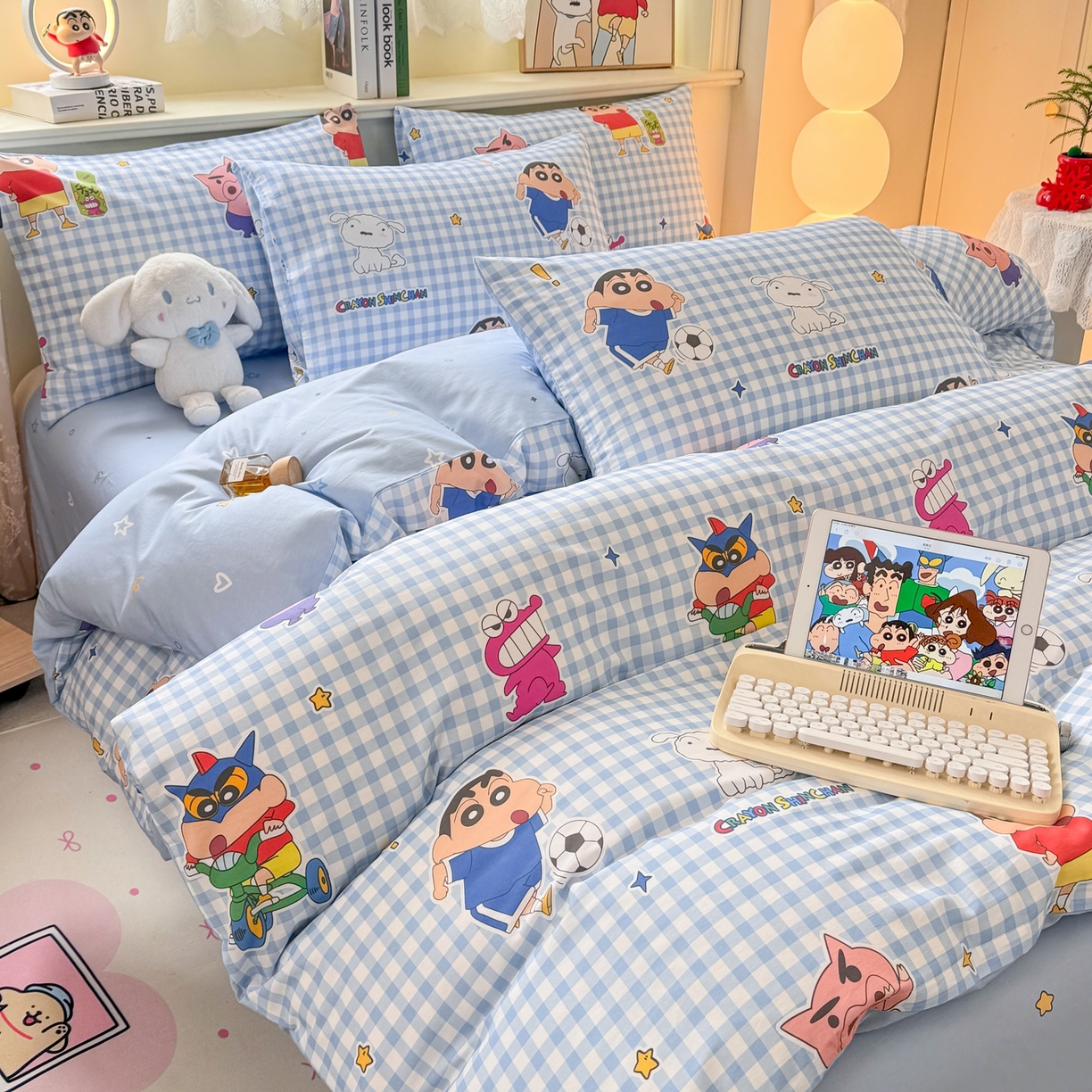 91家纺网 家纺一手货源 找家纺 博雅 2026新款蜡笔小新纯棉全棉四件套 小版-蓝格蜡笔小新