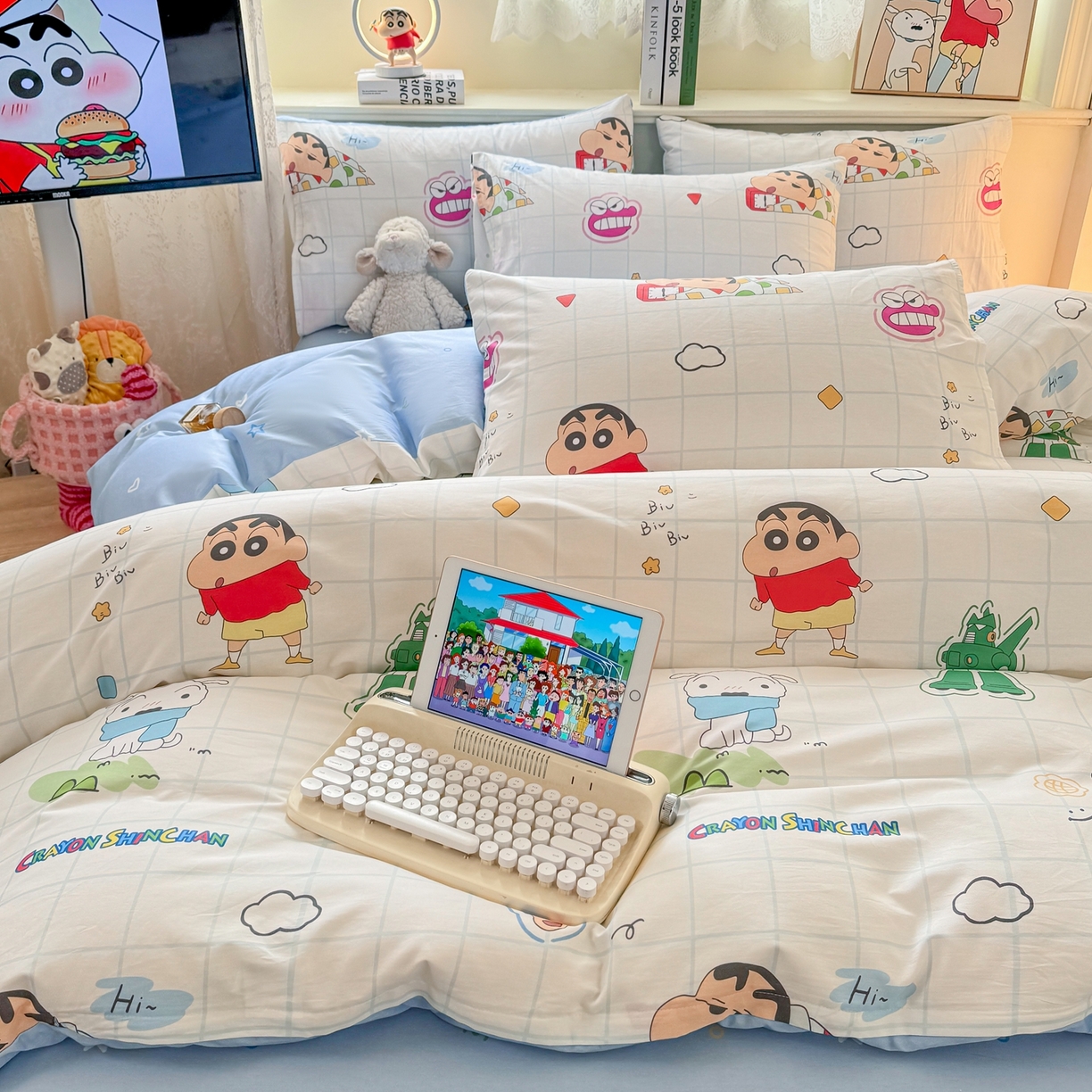 91家纺网 家纺一手货源 找家纺 博雅 2026新款蜡笔小新纯棉全棉四件套 小版-小新格子屋