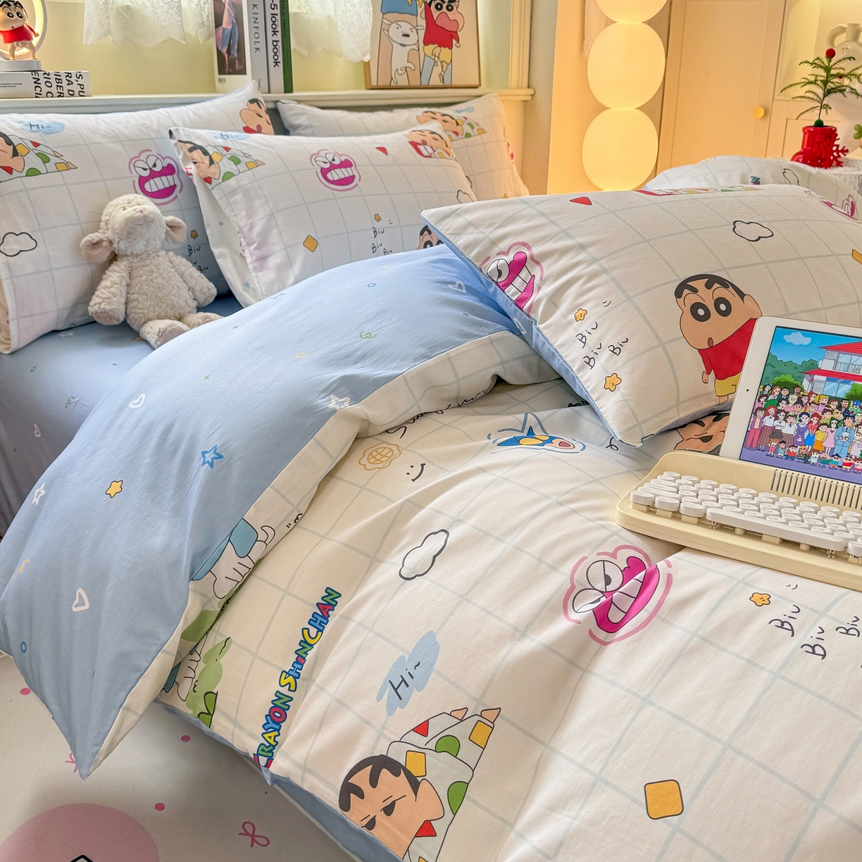 91家纺网 家纺一手货源 找家纺 博雅 2026新款蜡笔小新纯棉全棉四件套 小版-小新格子屋