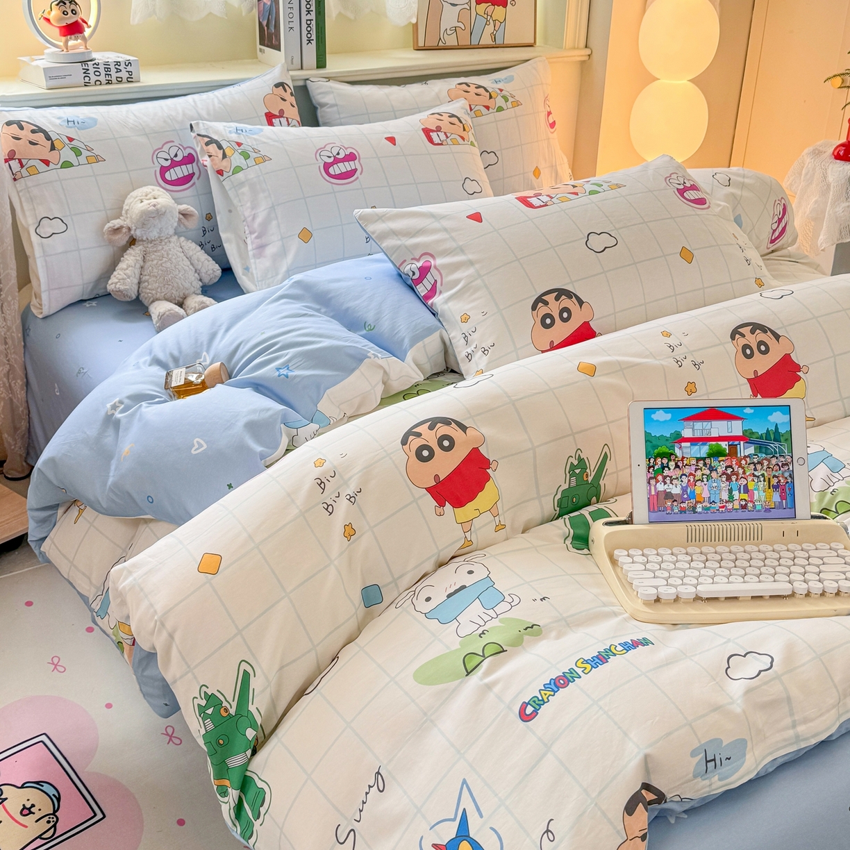 91家纺网 家纺一手货源 找家纺 博雅 2026新款蜡笔小新纯棉全棉四件套 小版-小新格子屋