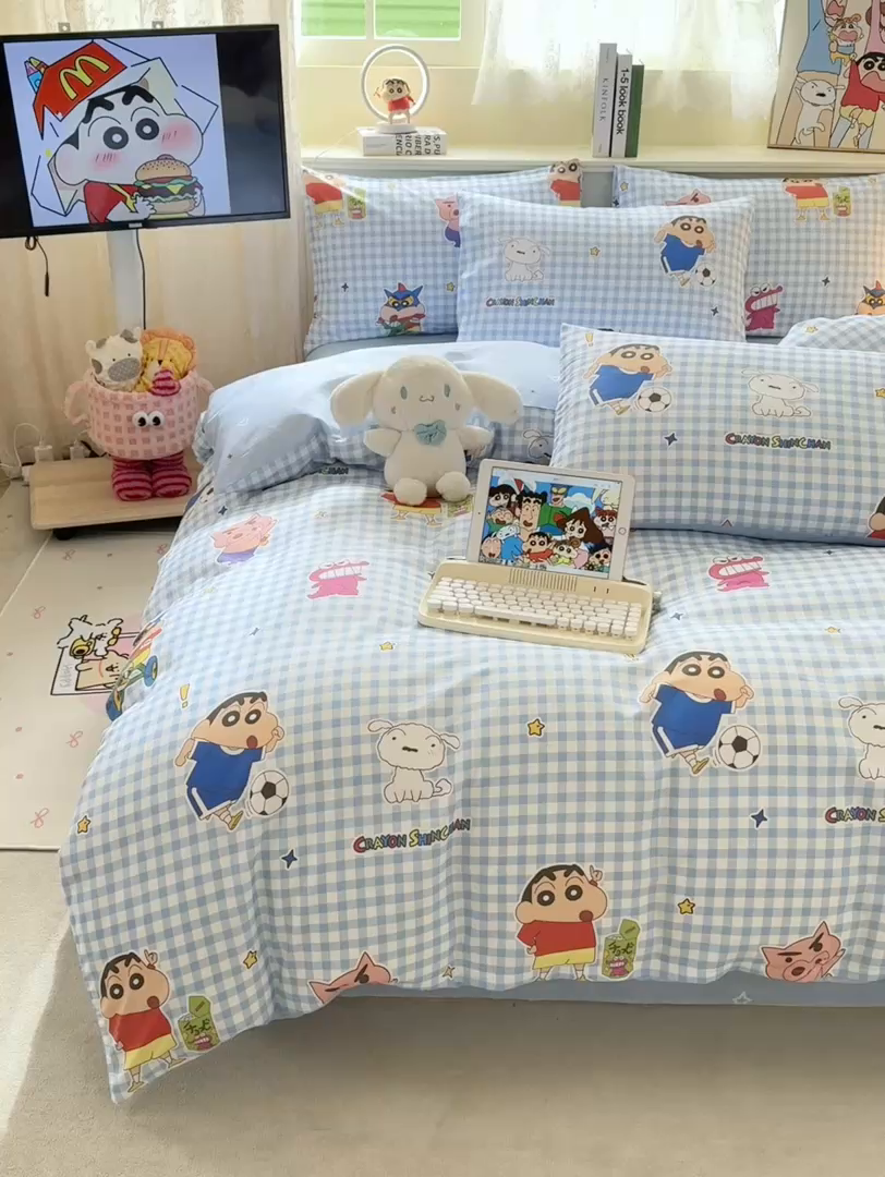 91家纺网 家纺一手货源 找家纺 博雅 2026新款蜡笔小新纯棉全棉四件套 小版-蓝格蜡笔小新