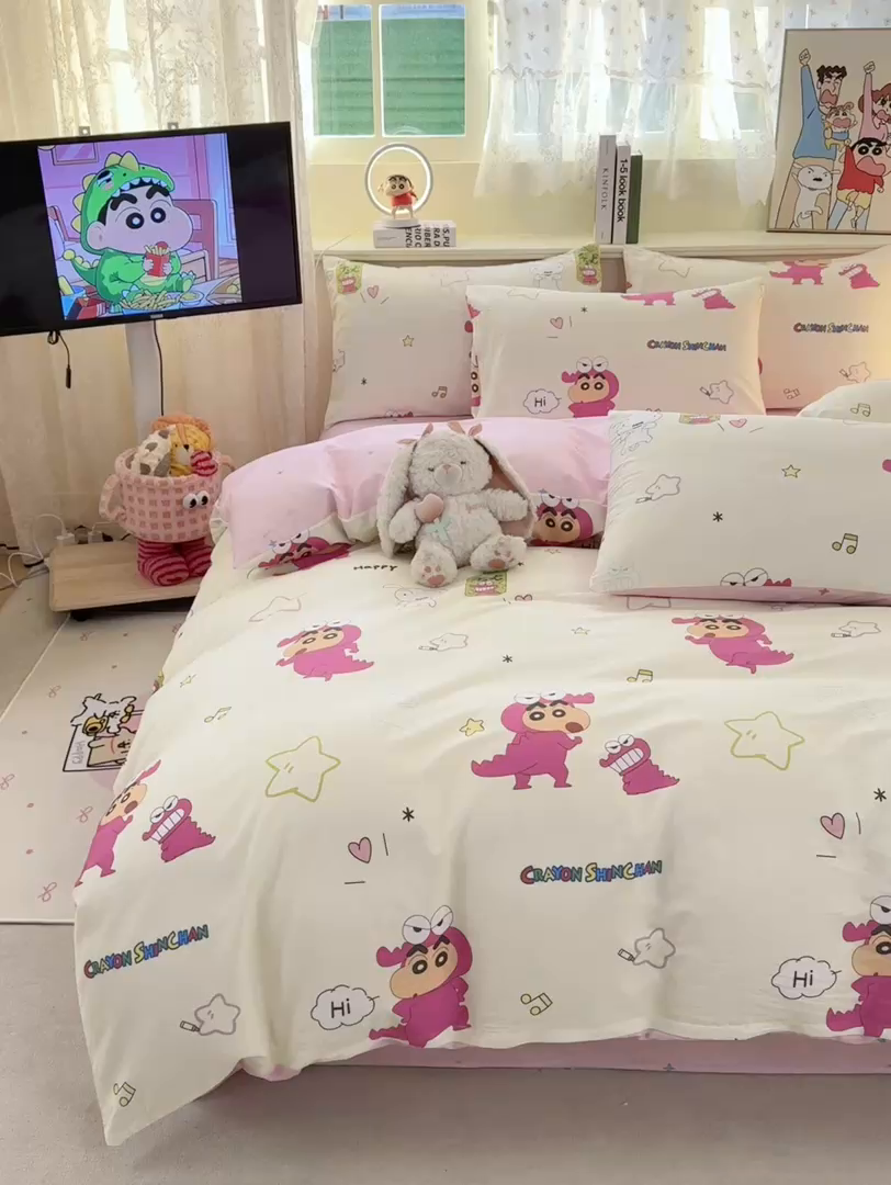 91家纺网 家纺一手货源 找家纺 博雅 2026新款蜡笔小新纯棉全棉四件套 小版-恐龙蜡笔小新