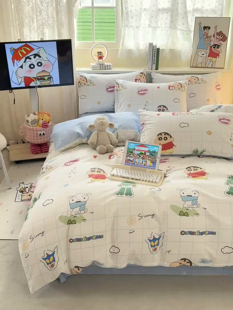 91家纺网 家纺一手货源 找家纺 博雅 2026新款蜡笔小新纯棉全棉四件套 小版-小新格子屋