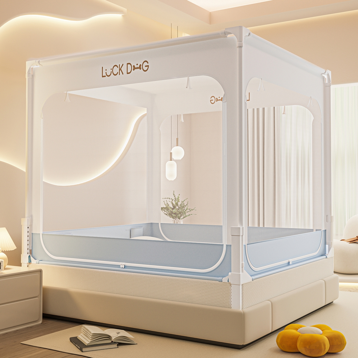 91家纺网 家纺一手货源 找家纺 （总）海虹蚊帐 2026新款2601外穿杆三开U型门一体防尘顶加密纱回底床笠款防摔蚊帐