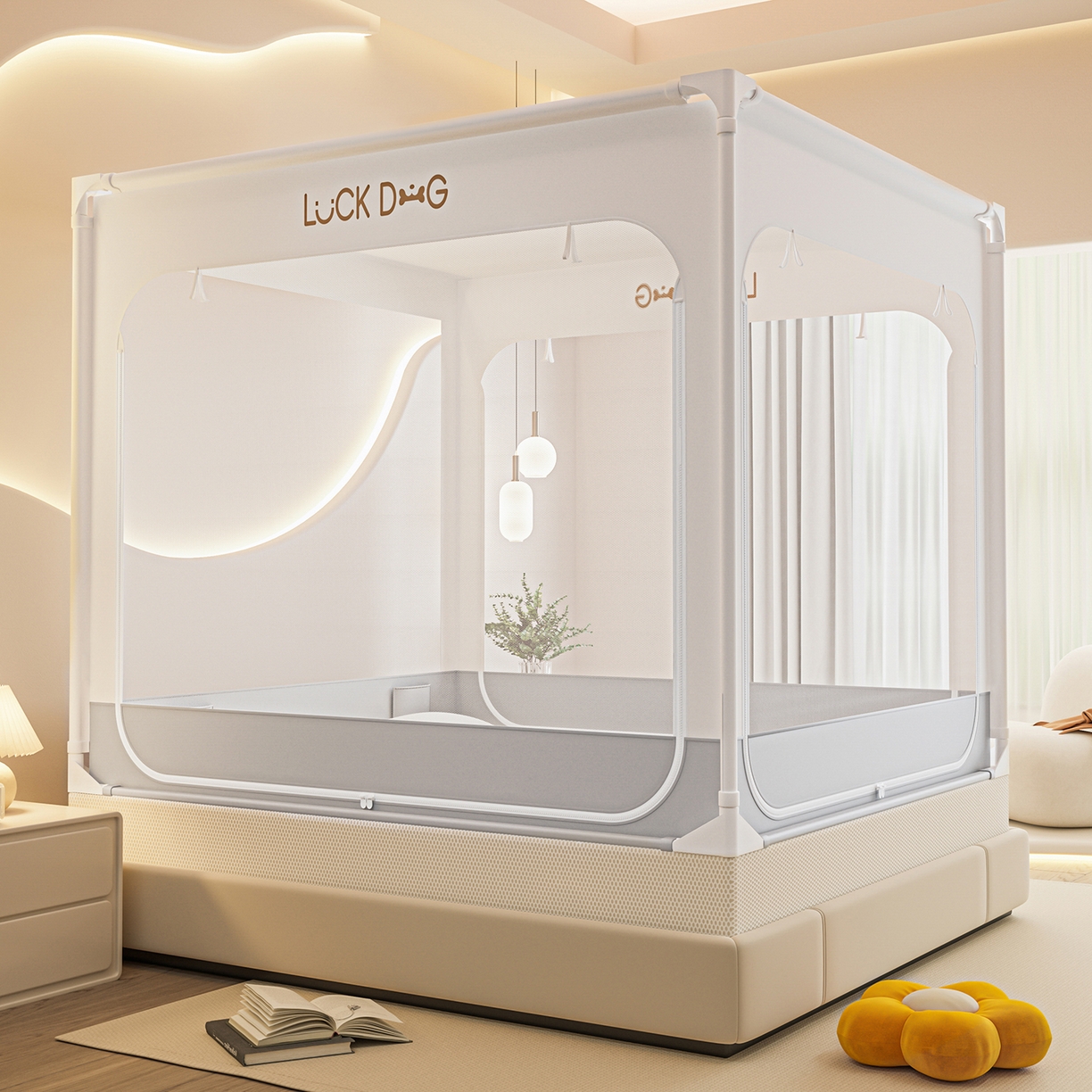 91家纺网 家纺一手货源 找家纺 （总）海虹 2023新款防尘免安装蚊帐三开防摔全封闭加密无荧光双丝帐纱