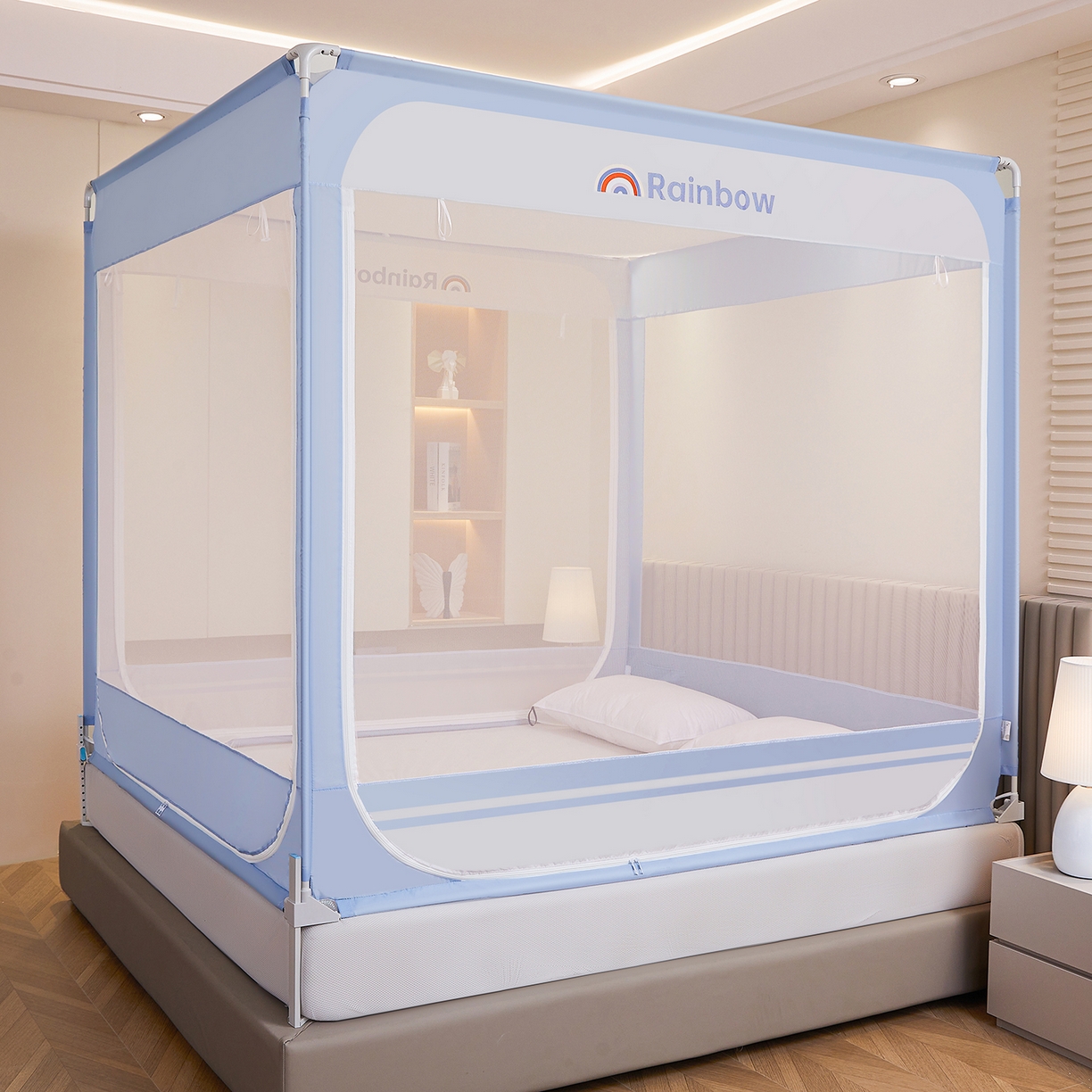 91家纺网 家纺一手货源 找家纺 海虹蚊帐 2026新款2601外穿杆三开U型门一体防尘顶加密纱回底床笠款防摔蚊帐 彩虹蓝