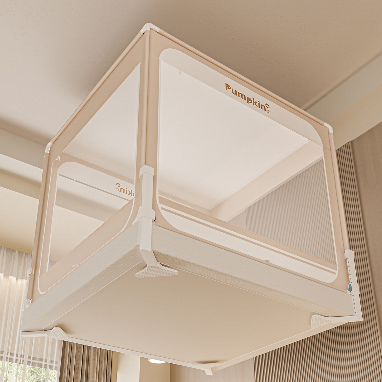 91家纺网 家纺一手货源 找家纺 海虹蚊帐 2026新款2601外穿杆三开U型门一体防尘顶加密纱回底床笠款防摔蚊帐 字母咖