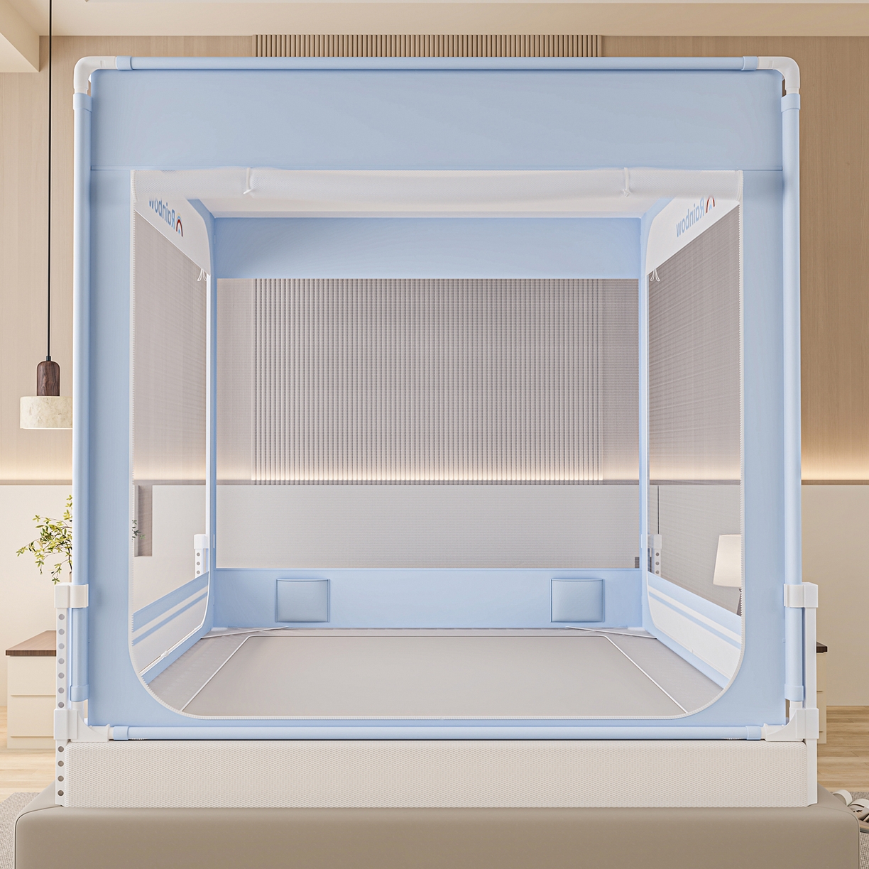 91家纺网 家纺一手货源 找家纺 海虹蚊帐 2026新款2601外穿杆三开U型门一体防尘顶加密纱回底床笠款防摔蚊帐 彩虹蓝