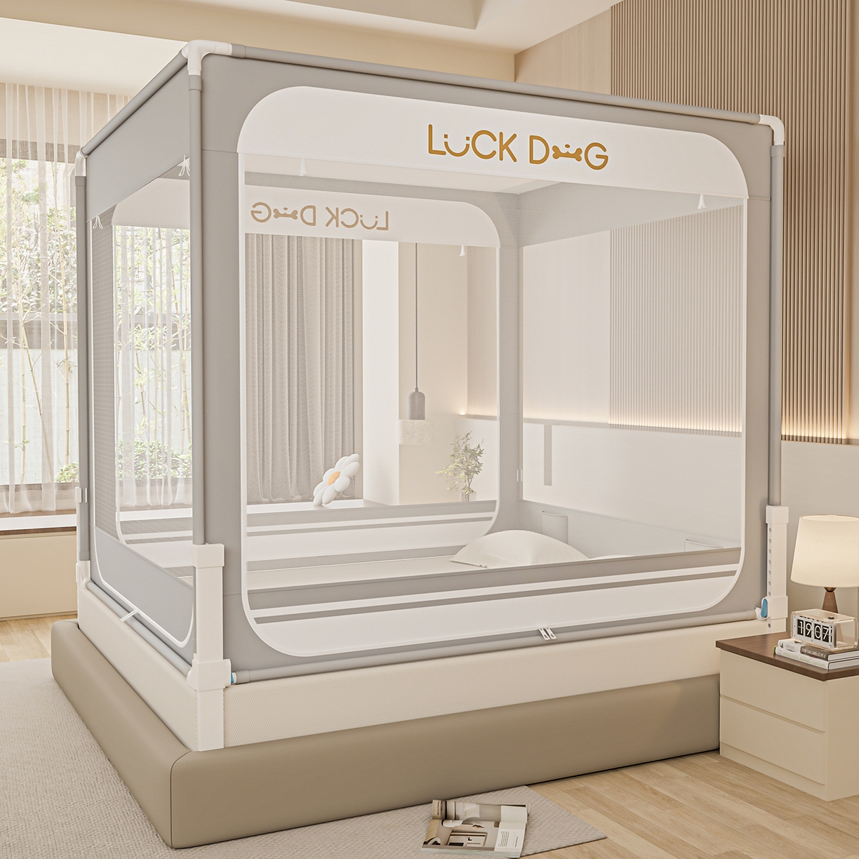 海虹蚊帐 2026新款2601外穿杆三开U型门一体防尘顶加密纱回底床笠款防摔蚊帐 字母灰