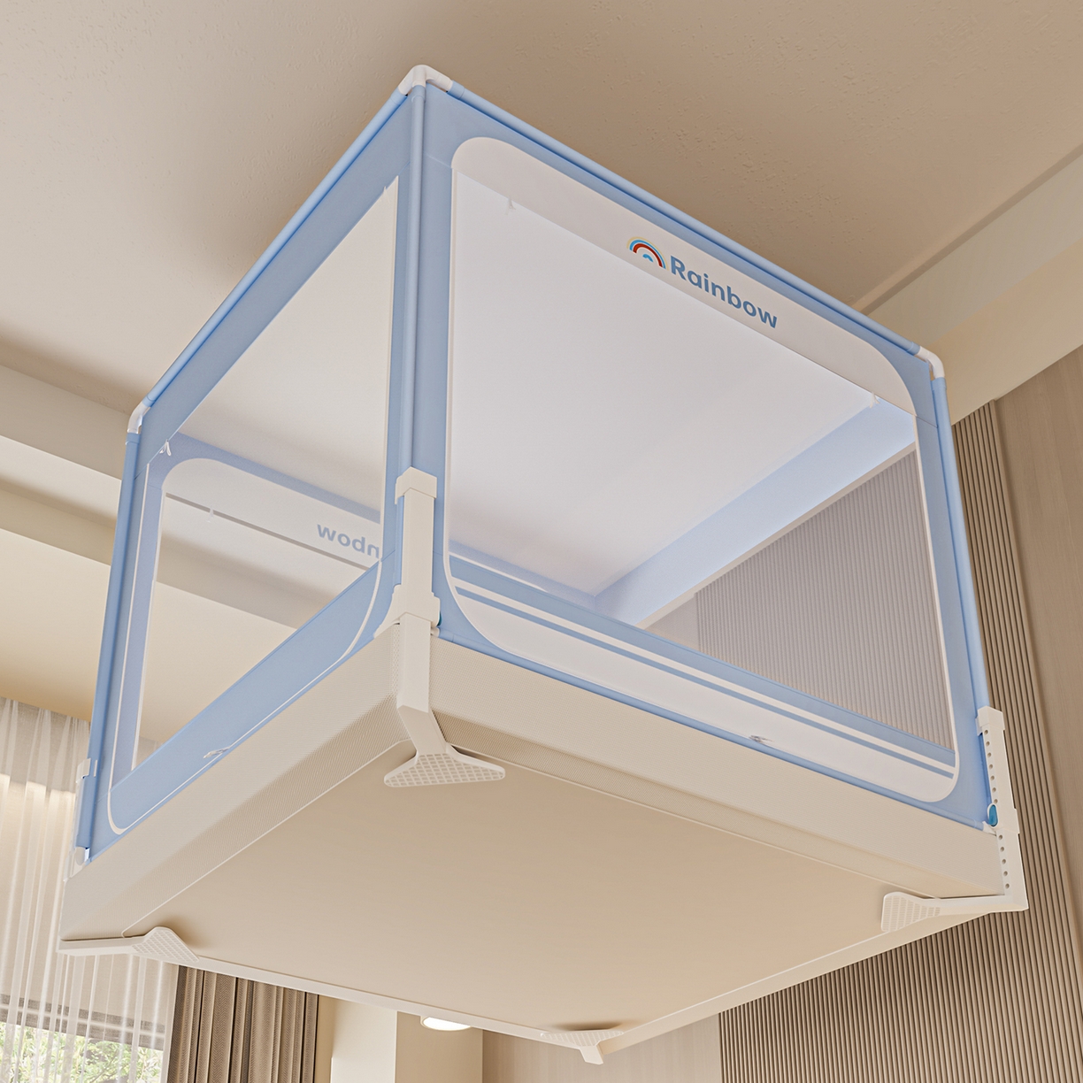 91家纺网 家纺一手货源 找家纺 海虹蚊帐 2026新款2601外穿杆三开U型门一体防尘顶加密纱回底床笠款防摔蚊帐 彩虹蓝