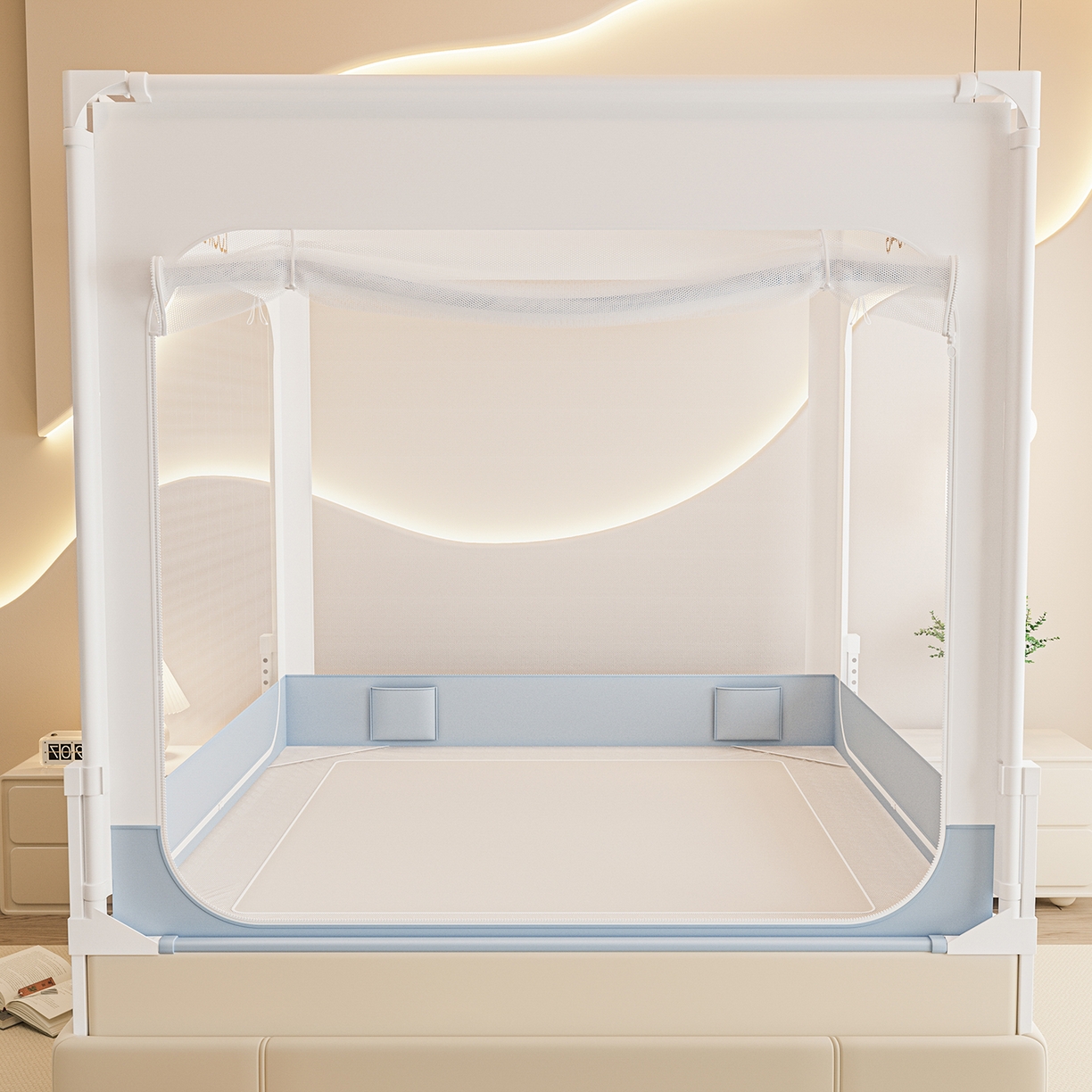 91家纺网 家纺一手货源 找家纺 海虹蚊帐 2026新款2601外穿杆三开U型门一体防尘顶加密纱回底床笠款防摔蚊帐 幸运蓝