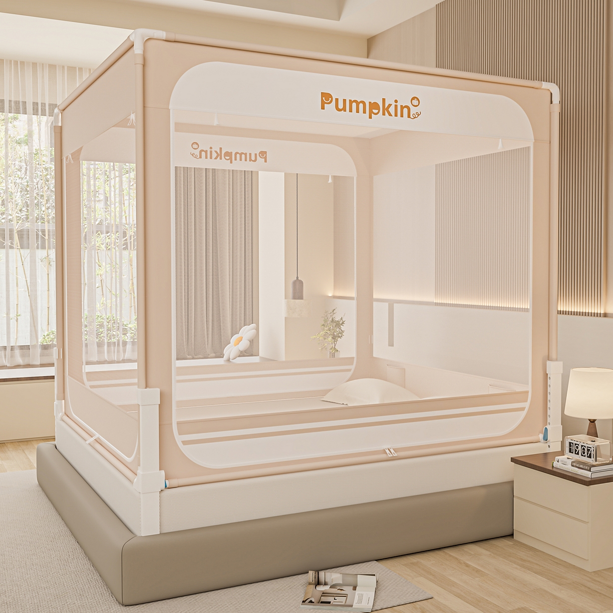 海虹蚊帐 2026新款2601外穿杆三开U型门一体防尘顶加密纱回底床笠款防摔蚊帐 字母咖