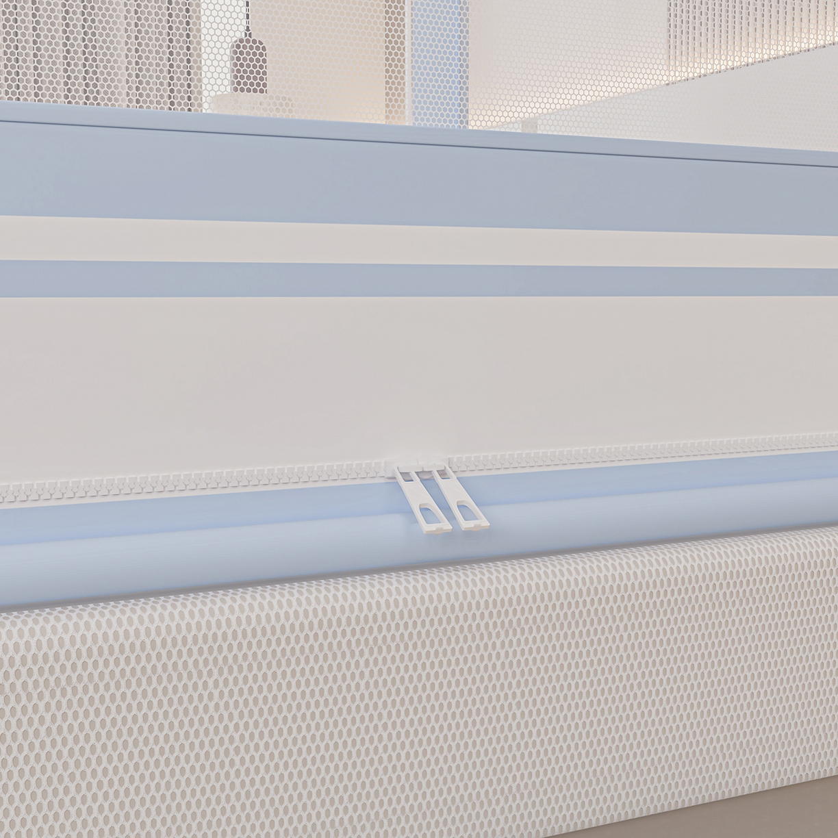 91家纺网 家纺一手货源 找家纺 海虹蚊帐 2026新款2601外穿杆三开U型门一体防尘顶加密纱回底床笠款防摔蚊帐 彩虹蓝