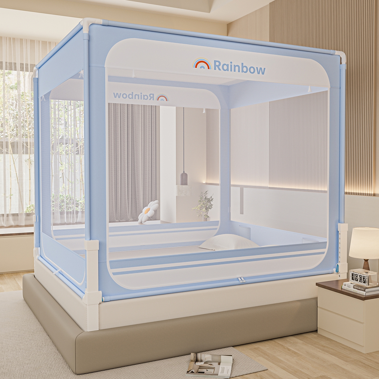 海虹蚊帐 2026新款2601外穿杆三开U型门一体防尘顶加密纱回底床笠款防摔蚊帐 彩虹蓝