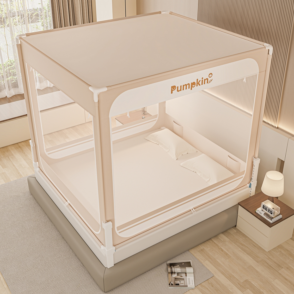 91家纺网 家纺一手货源 找家纺 海虹蚊帐 2026新款2601外穿杆三开U型门一体防尘顶加密纱回底床笠款防摔蚊帐 字母咖