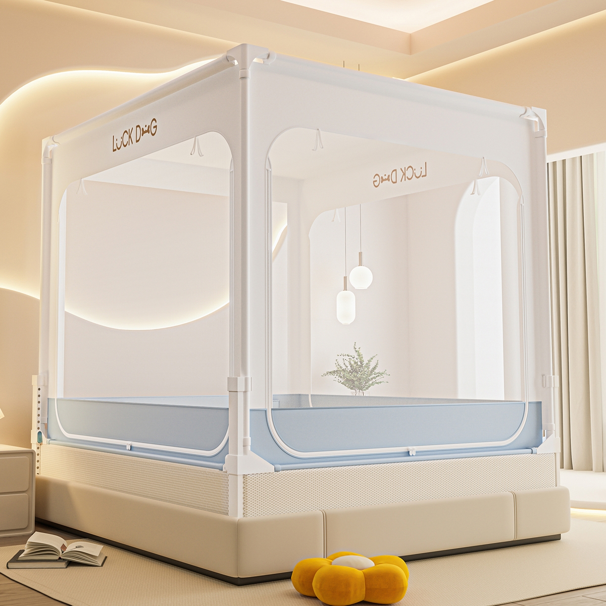 91家纺网 家纺一手货源 找家纺 海虹蚊帐 2026新款2601外穿杆三开U型门一体防尘顶加密纱回底床笠款防摔蚊帐 幸运蓝