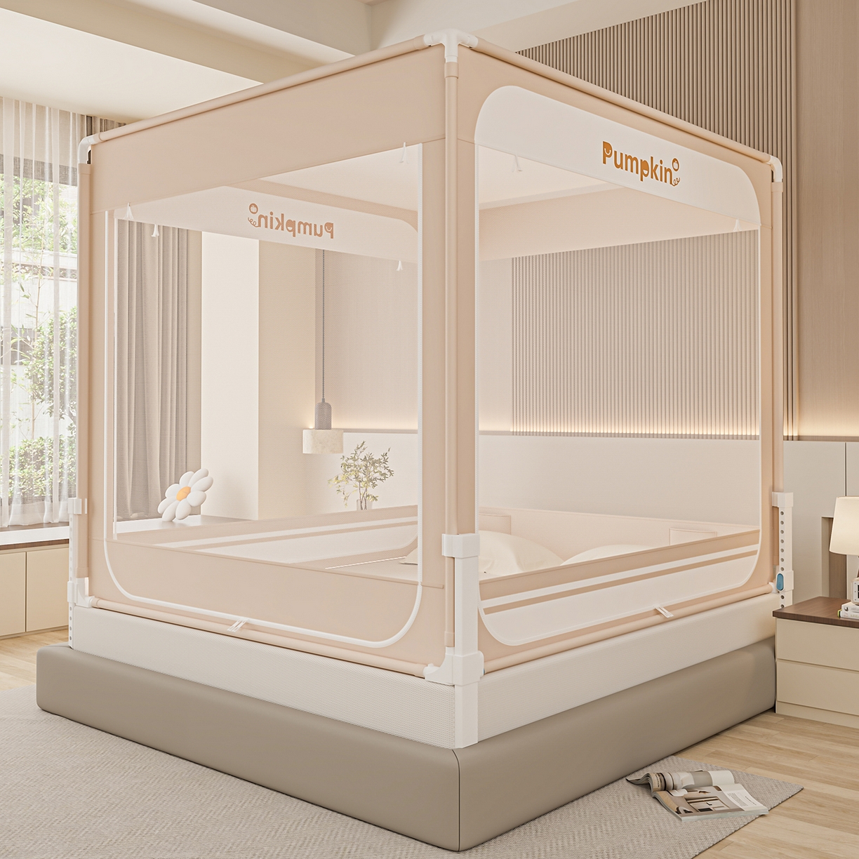 91家纺网 家纺一手货源 找家纺 海虹蚊帐 2026新款2601外穿杆三开U型门一体防尘顶加密纱回底床笠款防摔蚊帐 字母咖