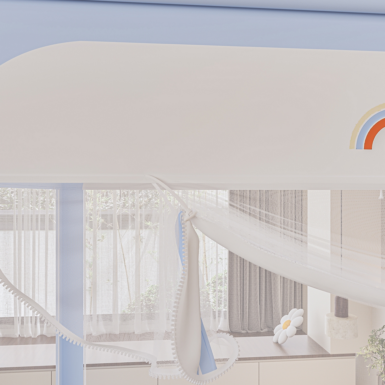 91家纺网 家纺一手货源 找家纺 海虹蚊帐 2026新款2601外穿杆三开U型门一体防尘顶加密纱回底床笠款防摔蚊帐 彩虹蓝