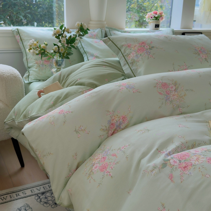 91家纺网 家纺一手货源 找家纺 铭博家纺 2026新款100%全棉纯棉四件套第一批 江南小调-绿