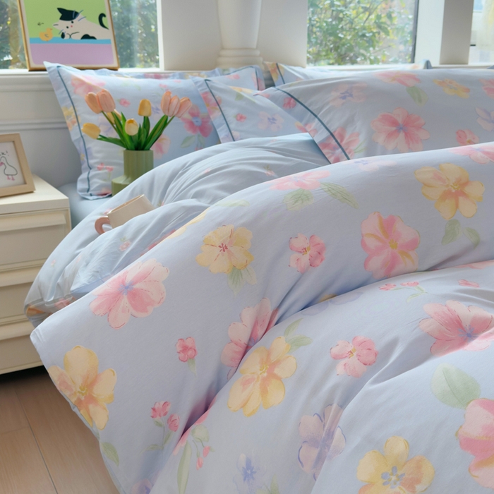 91家纺网 家纺一手货源 找家纺 铭博家纺 2026新款100%全棉纯棉四件套第一批 朵唯-蓝