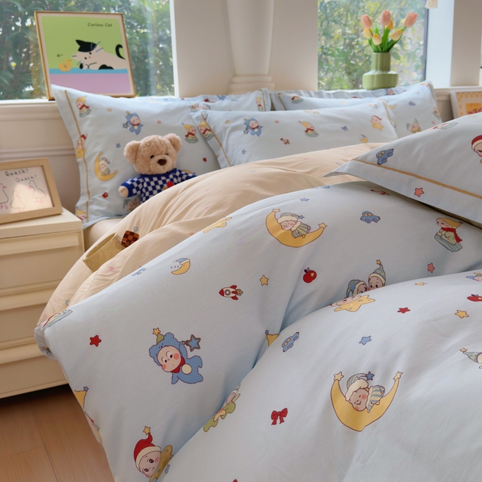 91家纺网 家纺一手货源 找家纺 铭博家纺 2026新款100%全棉纯棉四件套第一批 元气精灵-蓝