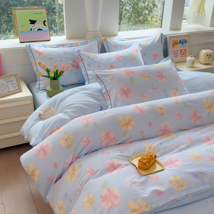 91家纺网 家纺一手货源 找家纺 铭博家纺 2026新款100%全棉纯棉四件套第一批 朵唯-蓝