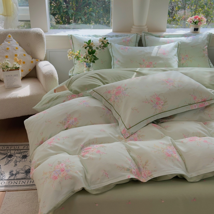 91家纺网 家纺一手货源 找家纺 铭博家纺 2026新款100%全棉纯棉四件套第一批 江南小调-绿