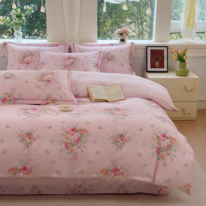 91家纺网 家纺一手货源 找家纺 铭博家纺 2026新款100%全棉纯棉四件套第一批 云舒花-粉