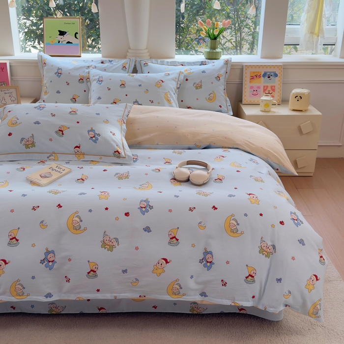 91家纺网 家纺一手货源 找家纺 铭博家纺 2026新款100%全棉纯棉四件套第一批 元气精灵-蓝