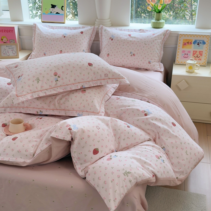 91家纺网 家纺一手货源 找家纺 铭博家纺 2026新款100%全棉纯棉四件套第一批 温暖思绪-粉