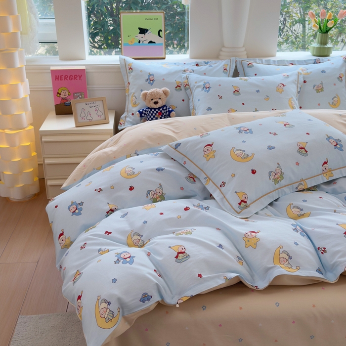 91家纺网 家纺一手货源 找家纺 铭博家纺 2026新款100%全棉纯棉四件套第一批 元气精灵-蓝