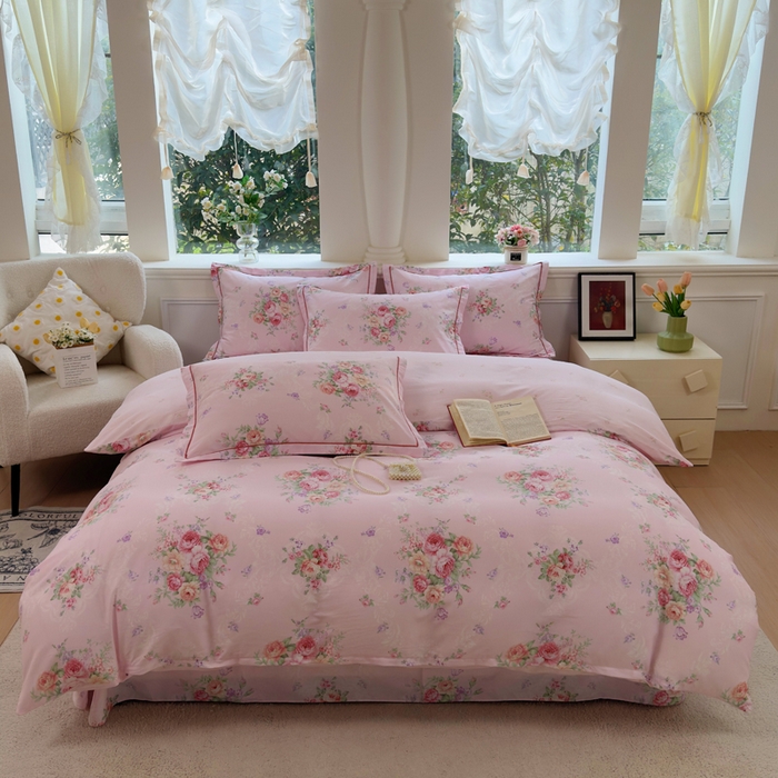 91家纺网 家纺一手货源 找家纺 铭博家纺 2026新款100%全棉纯棉四件套第一批 云舒花-粉