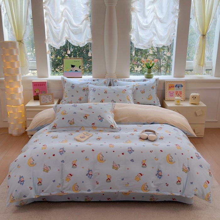 91家纺网 家纺一手货源 找家纺 铭博家纺 2026新款100%全棉纯棉四件套第一批 元气精灵-蓝