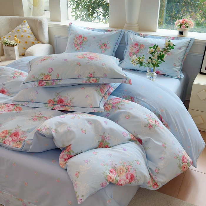 91家纺网 家纺一手货源 找家纺 铭博家纺 2026新款100%全棉纯棉四件套第一批 云舒花-蓝