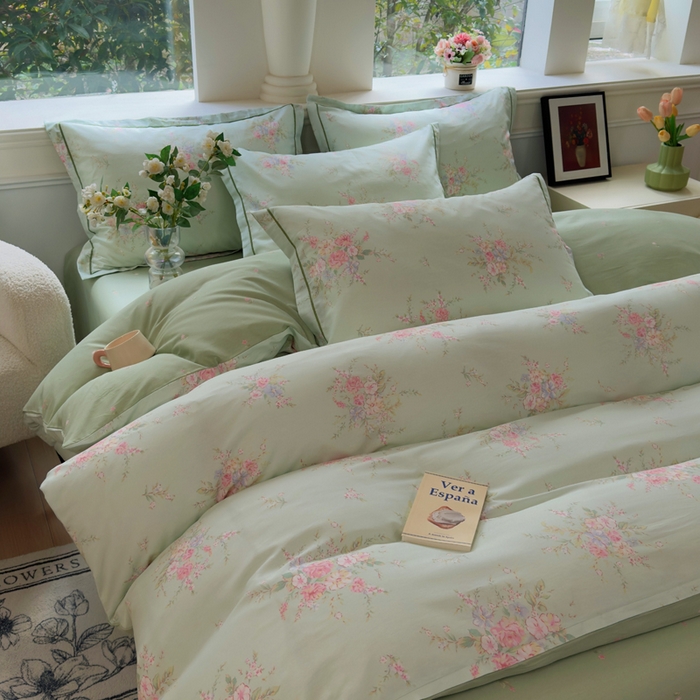 91家纺网 家纺一手货源 找家纺 铭博家纺 2026新款100%全棉纯棉四件套第一批 江南小调-绿