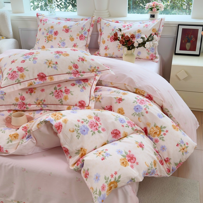 91家纺网 家纺一手货源 找家纺 铭博家纺 2026新款100%全棉纯棉四件套第一批 花萃清风-粉