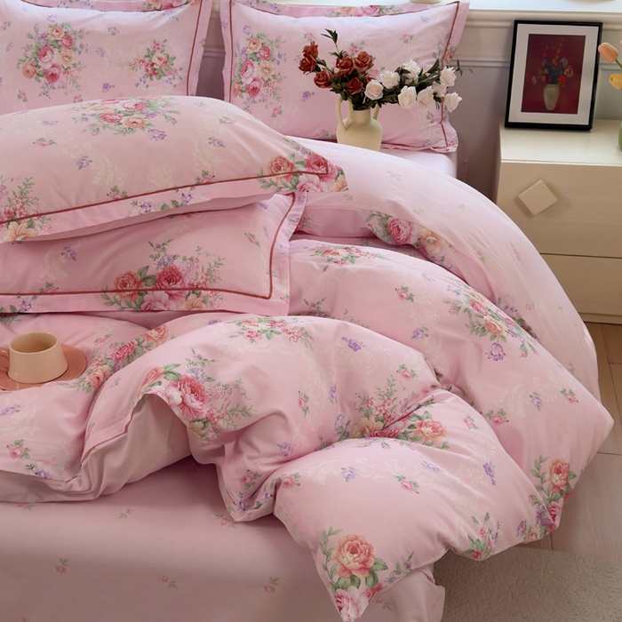 91家纺网 家纺一手货源 找家纺 铭博家纺 2026新款100%全棉纯棉四件套第一批 云舒花-粉