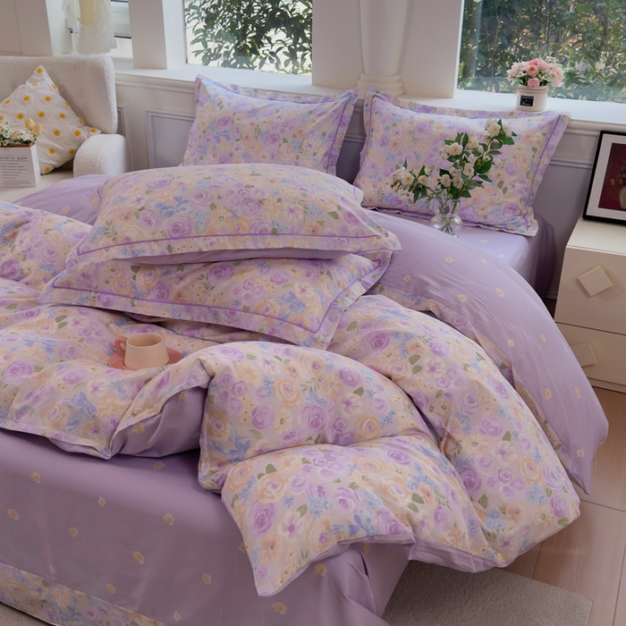 91家纺网 家纺一手货源 找家纺 铭博家纺 2026新款100%全棉纯棉四件套第一批 花开似锦-紫