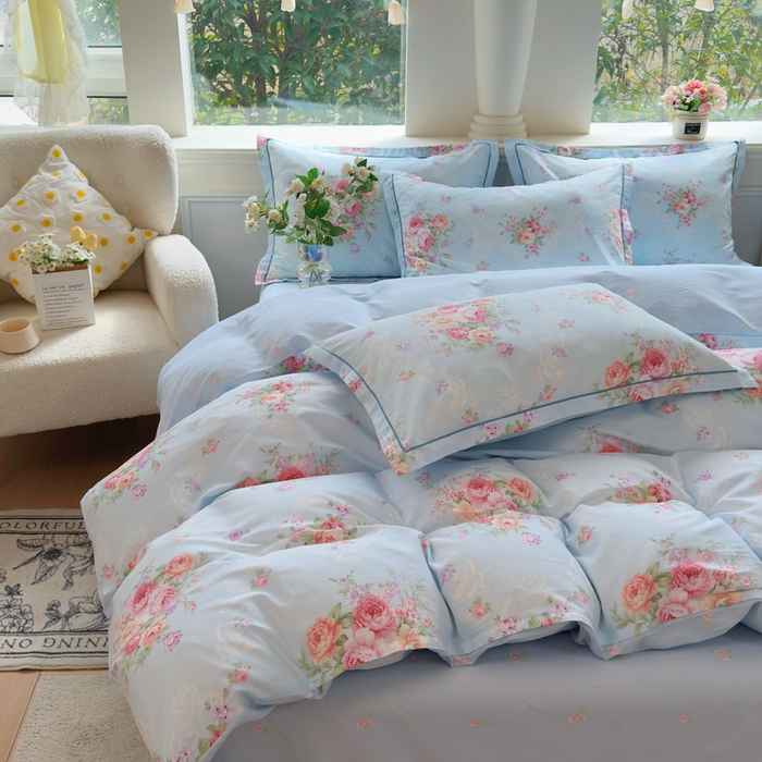 91家纺网 家纺一手货源 找家纺 铭博家纺 2026新款100%全棉纯棉四件套第一批 云舒花-蓝