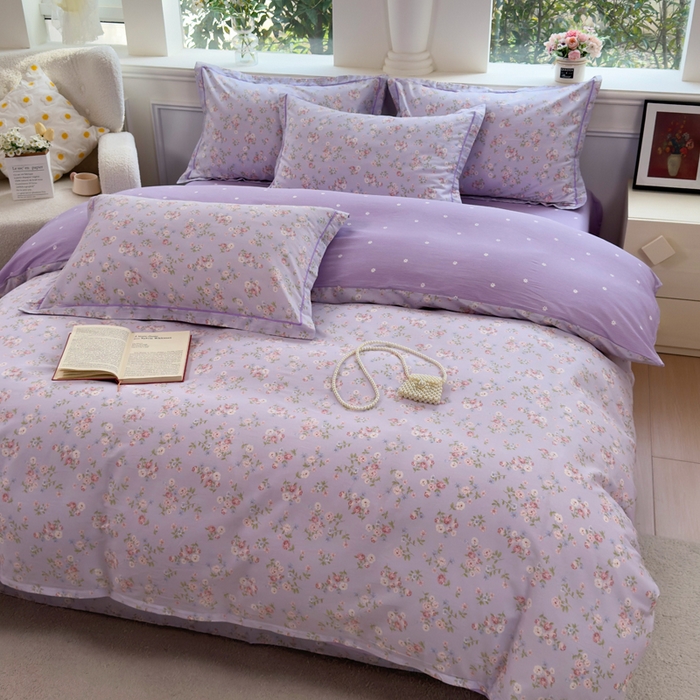 91家纺网 家纺一手货源 找家纺 铭博家纺 2026新款100%全棉纯棉四件套第一批 云梦海棠-紫