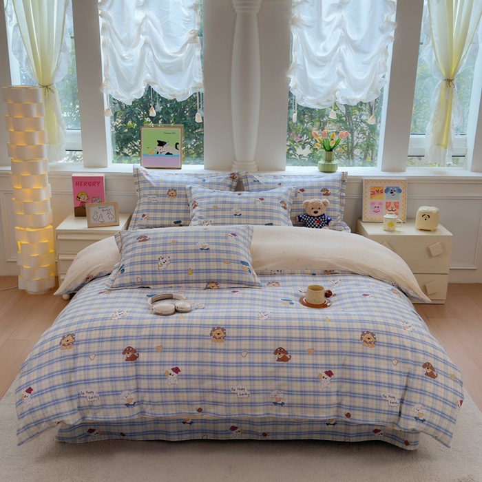 91家纺网 家纺一手货源 找家纺 铭博家纺 2026新款100%全棉纯棉四件套第一批 俏皮狗蓝