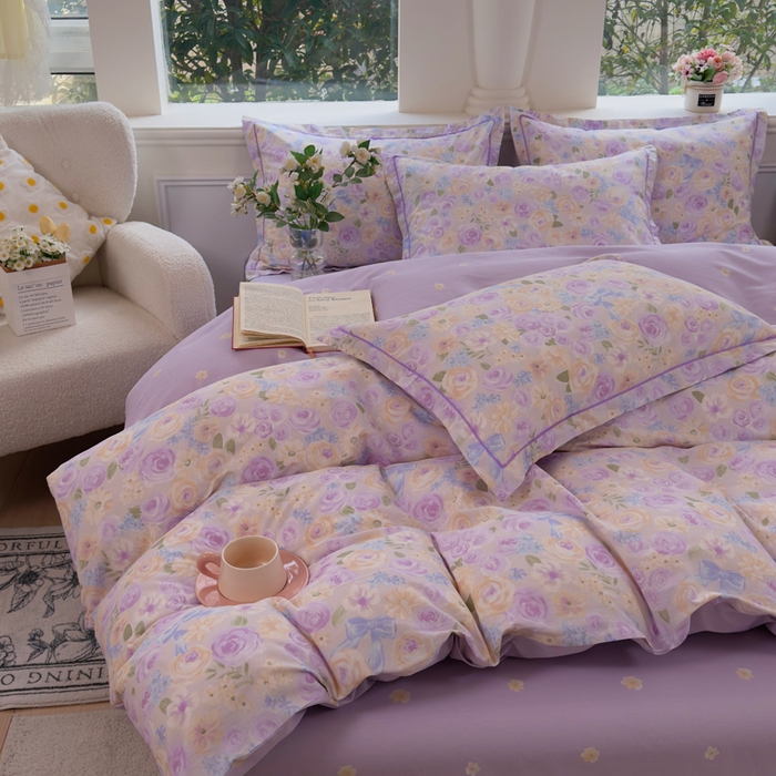 91家纺网 家纺一手货源 找家纺 铭博家纺 2026新款100%全棉纯棉四件套第一批 花开似锦-紫