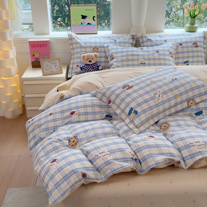 91家纺网 家纺一手货源 找家纺 铭博家纺 2026新款100%全棉纯棉四件套第一批 俏皮狗蓝